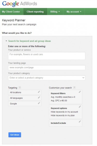 Google Adwords keyword planner étape 2